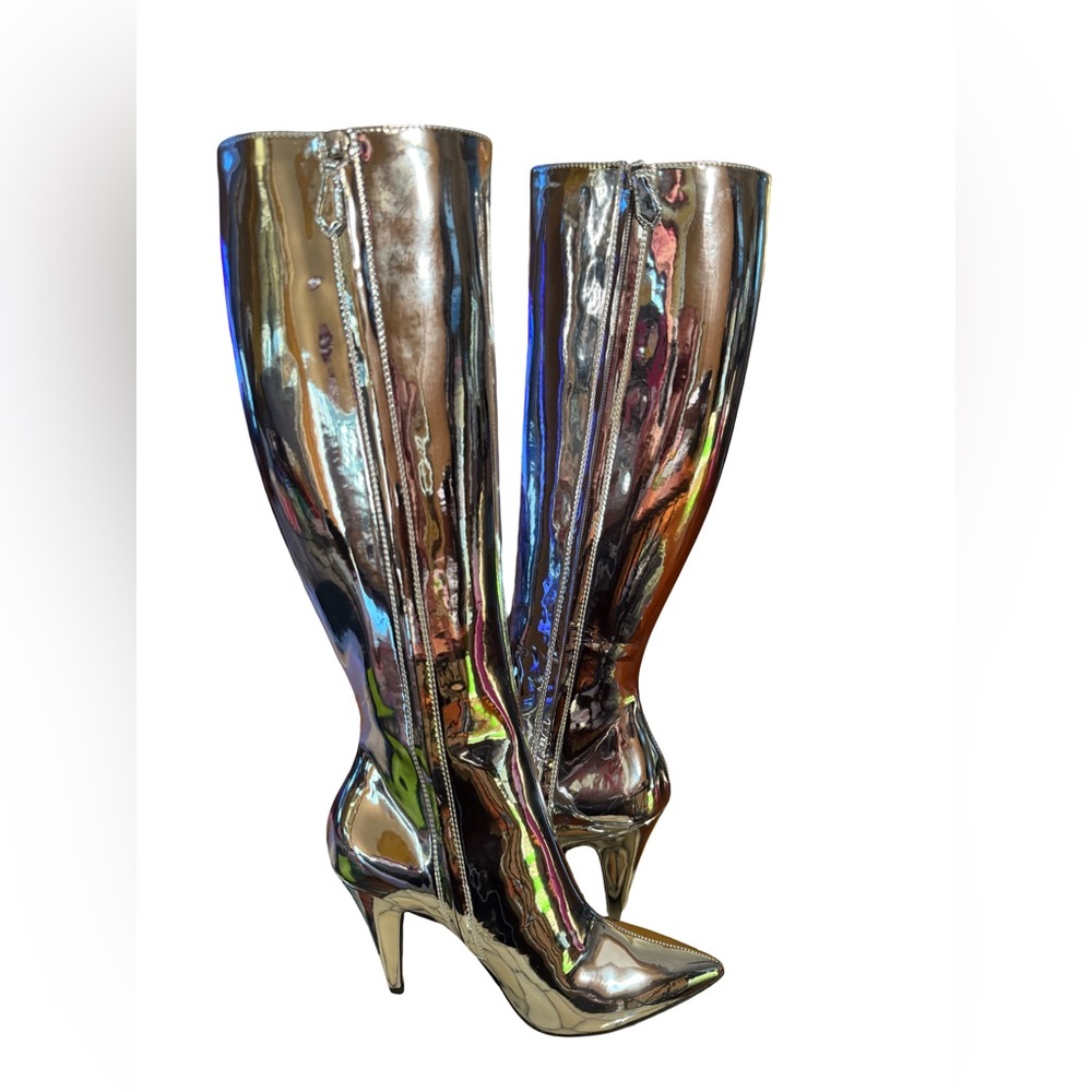 Moschino NWT Sz 38 Vero Cucio Silver Metallic Knee-High Stiletto Boots (SH292) - Picture 6 of 15